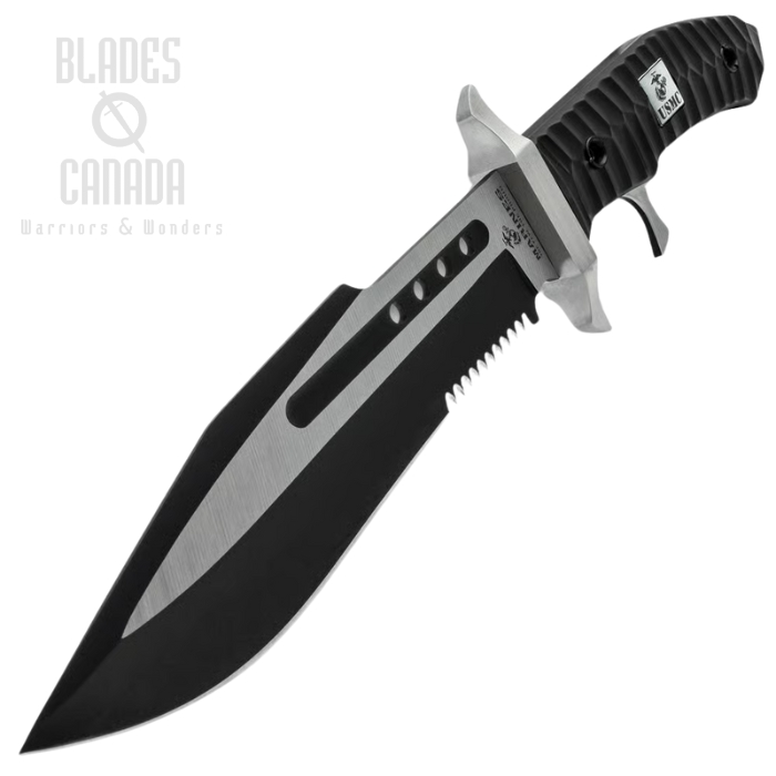 United Cutlery USMC Commando Bowie Knife, Stainless, Black Polypropylene, Nylol Sheath, UC3652